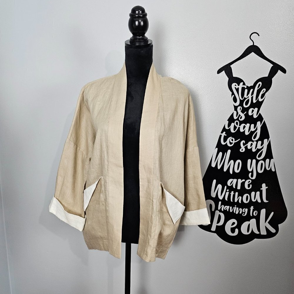 ❤️GO BY GO SILK Open Front Linen Tan Cuffed Sleeve Blazer Jacket